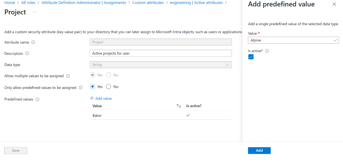 Screenshot of Add predefined value pane in Microsoft Entra admin center.