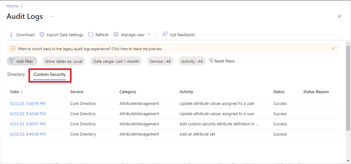 Screenshot of audit logs with Custom Security tab selected.