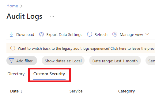 Screenshot of audit logs that shows Directory and Custom Security tabs.