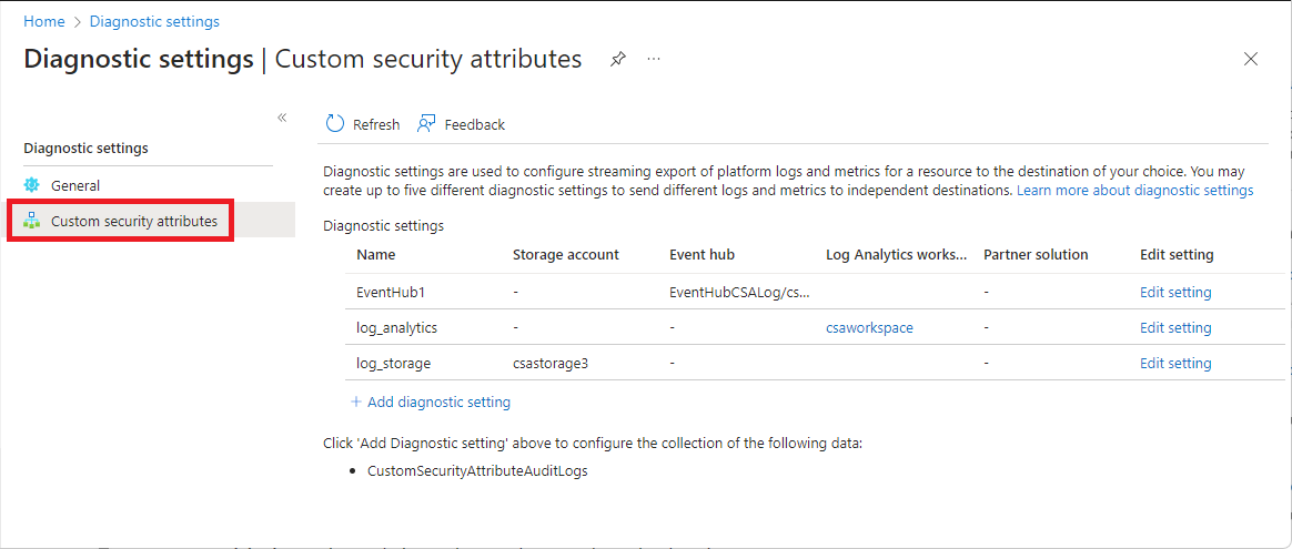 Screenshot of diagnostic settings with Custom security attributes tab selected.