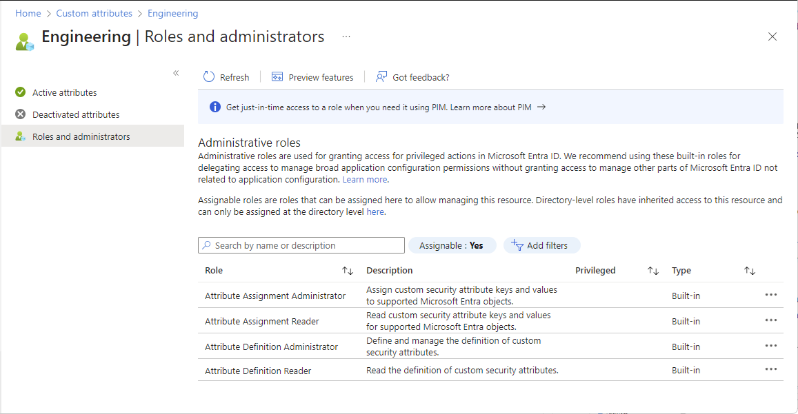Screenshot of assigning attribute roles at attribute set scope.