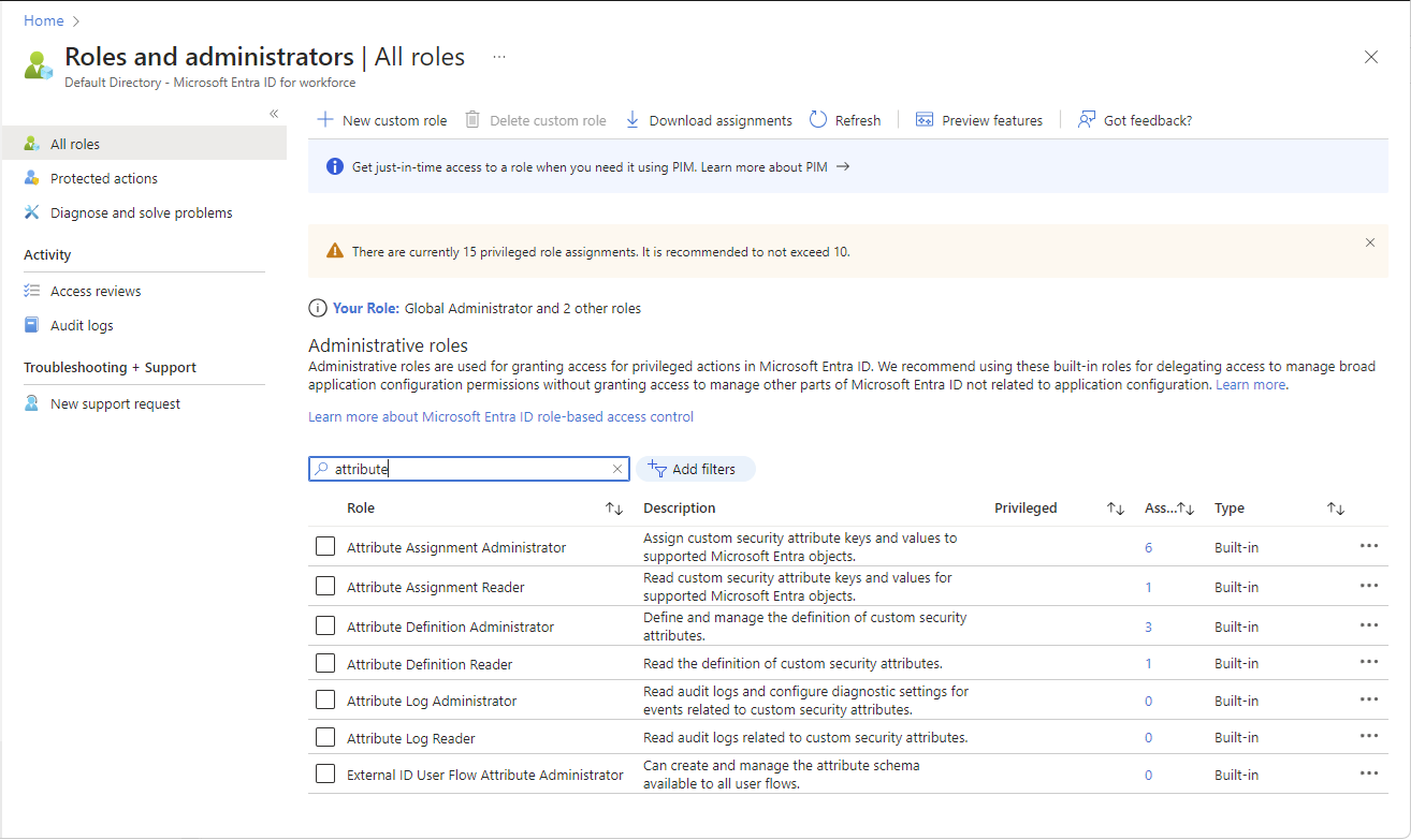 Screenshot of assigning attribute roles at tenant scope.