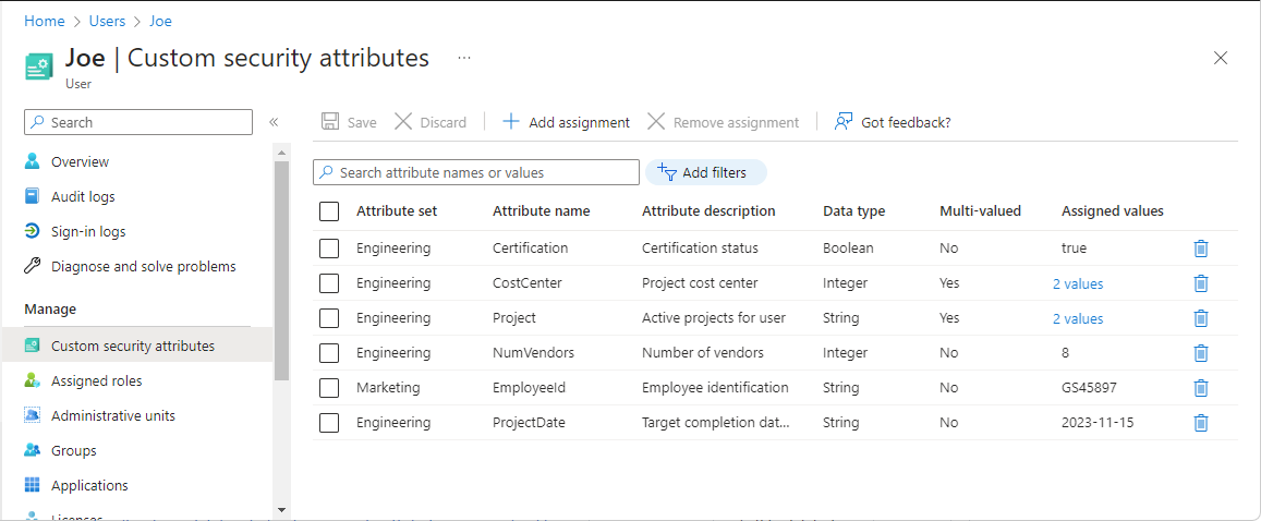 Screenshot of custom security attribute examples assigned to a user.