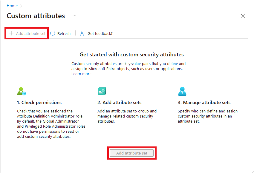 Screenshot of Add attribute set option disabled in Microsoft Entra admin center.