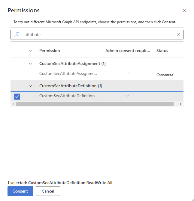 Screenshot of Graph Explorer Permissions panel with CustomSecAttributeDefinition selected.
