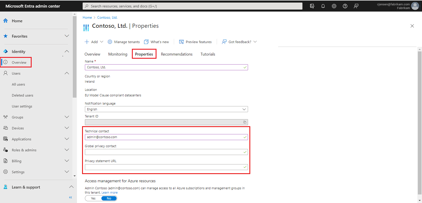 Screenshot showing the properties area highlighting the privacy info area.