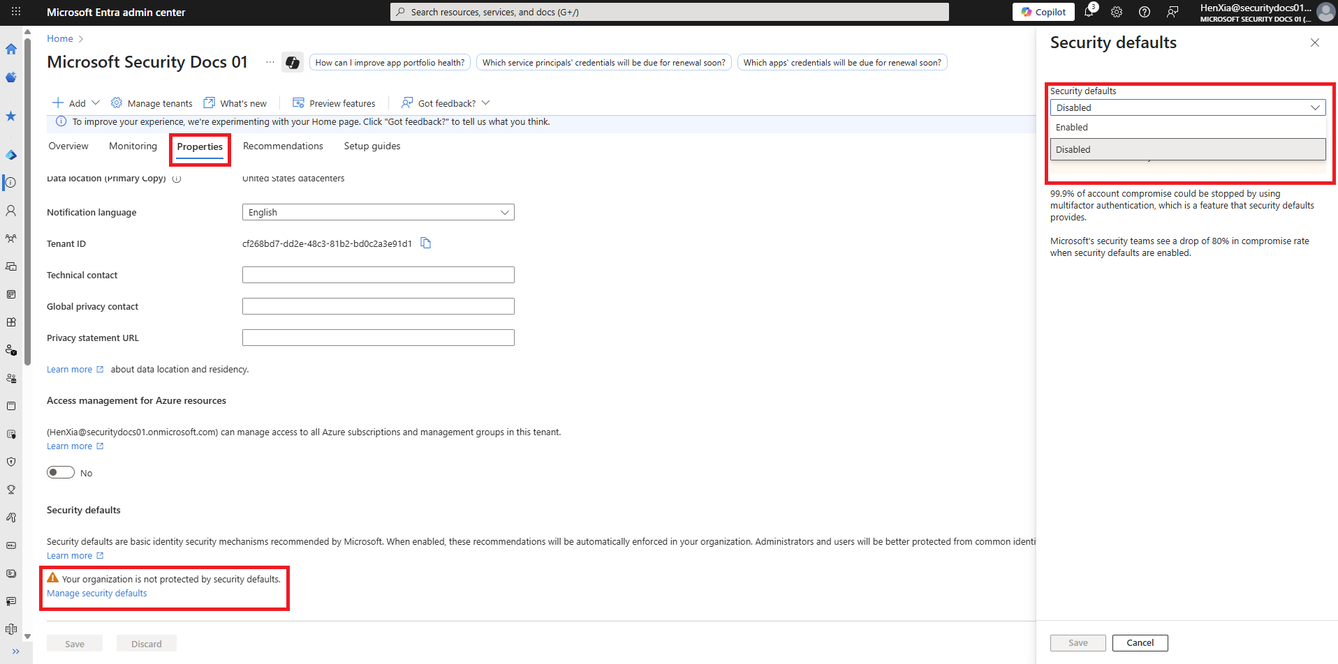 Screenshot of the Microsoft Entra admin center with the toggle to enable security defaults