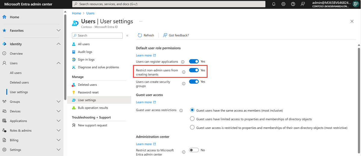Screenshot showing the option to Restrict nonadmins from creating tenants.