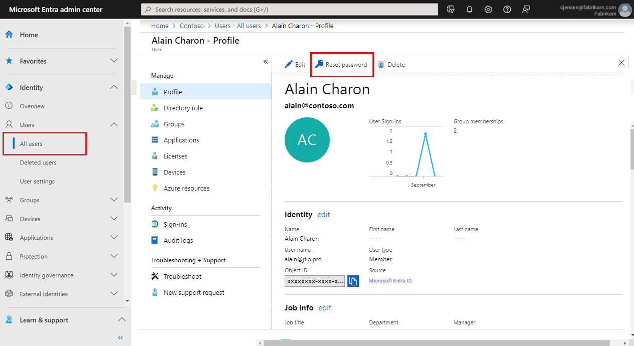 Screenshot of the User's profile page, with Reset password option highlighted.