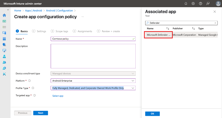 Screenshot of the Create app configuration policy on the Basics tab.