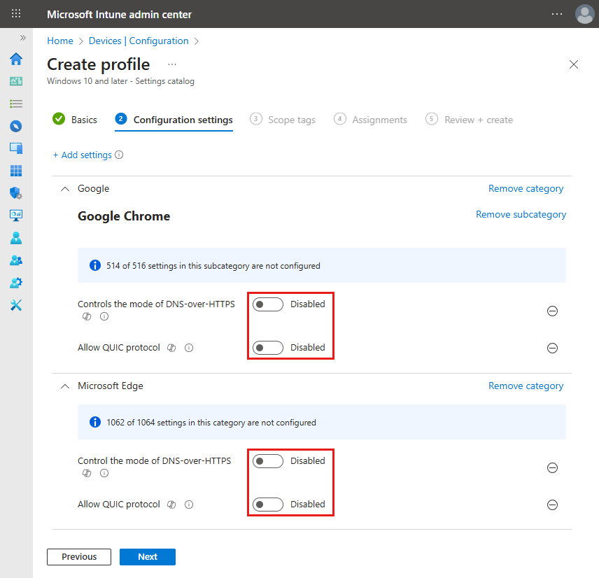 Screenshot of the Configuration settings tab showing the Microsoft Edge and Chrome settings.