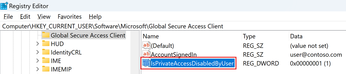 Screenshot of the Registry Editor with the IsPrivateAccessDisabledByUser registry key highlighted.