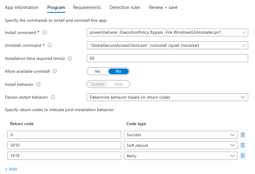 Screenshot of Program to configure installation parameters.