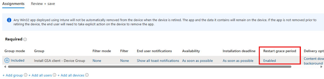 Screenshot of the Assignments tab showing the required groups and that restart grace period is enabled.