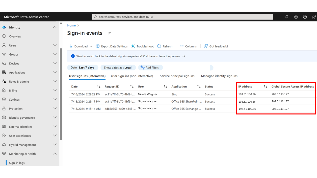 Screenshot of the sign-in logs showing events with source IP restoration on, then off, then on again.