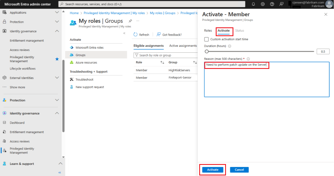 Screenshot of the Activate member screen.