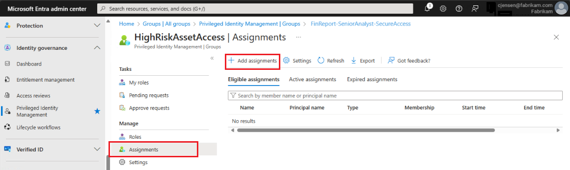 Screenshot of the Add assignments option.