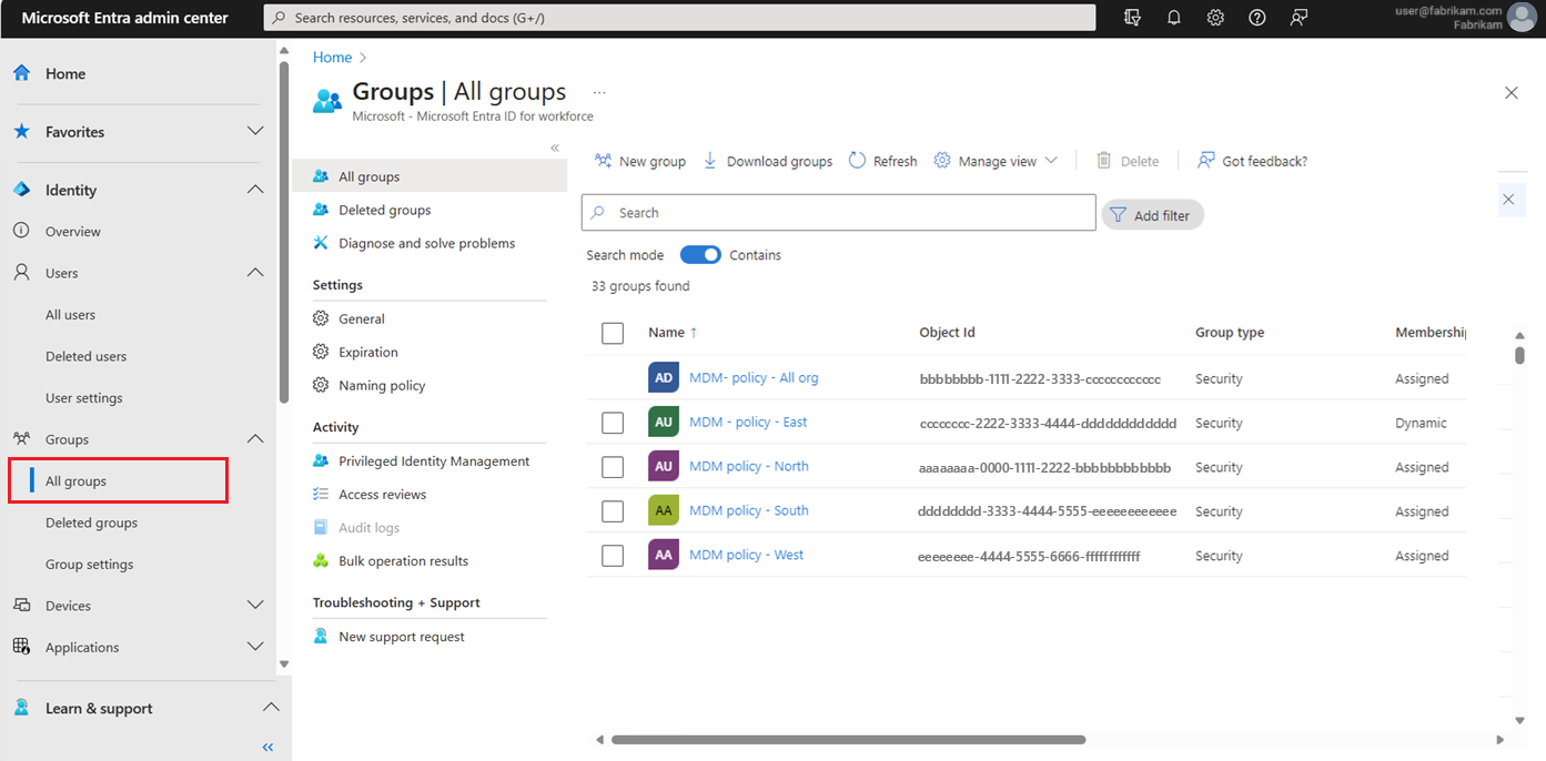 Screenshot of the All groups screen.