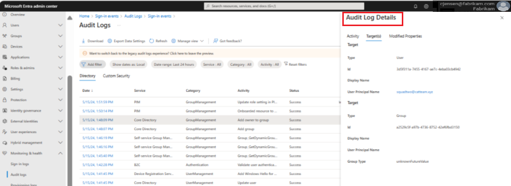 Screenshot of the Audit log details screen.