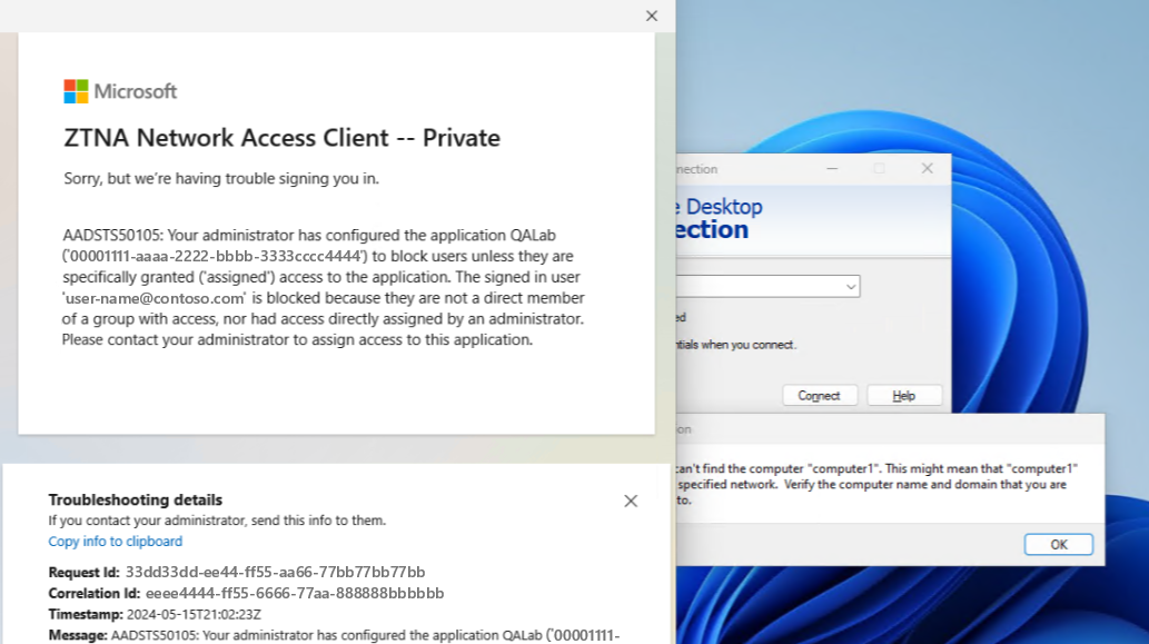 Screenshot of the client experience error message.