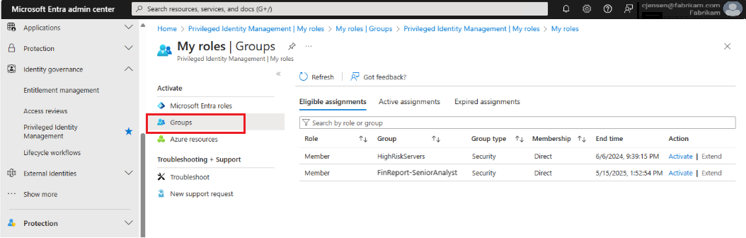 Screenshot of My role groups screen.