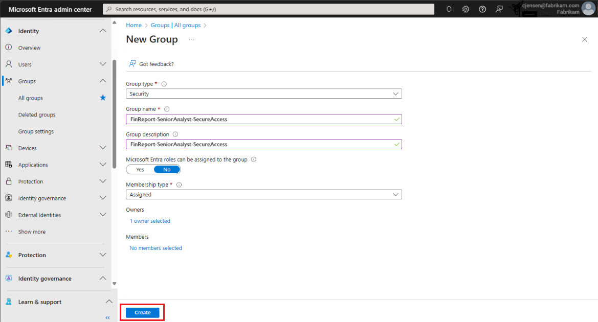 Screenshot of the New group screen.