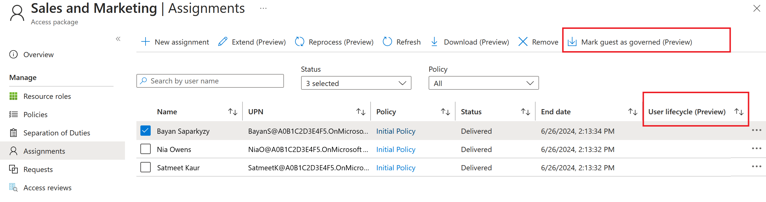 Screenshot of the governed user lifecycle selection.