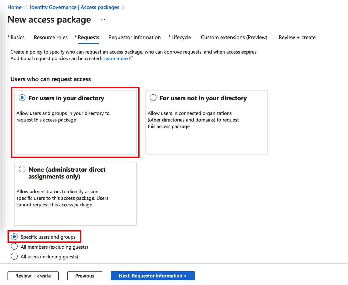 Screenshot of the access package requests tab.
