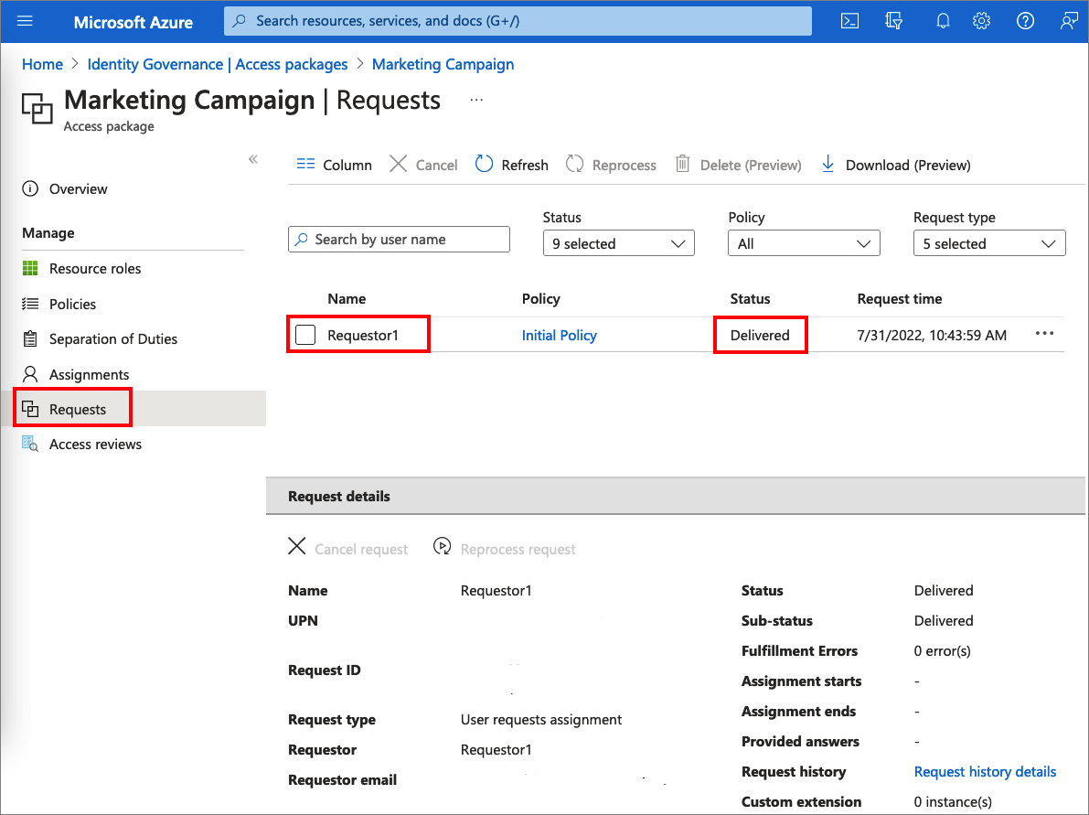 Screenshot of the access package request details.