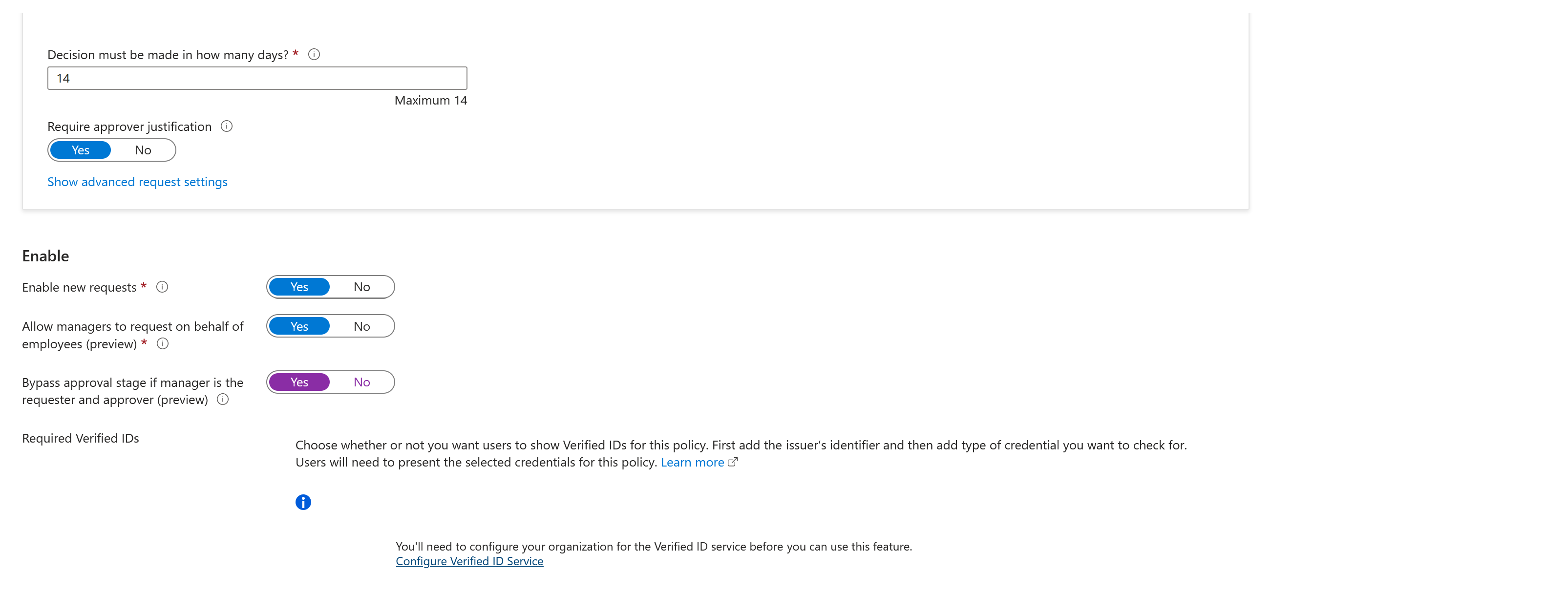 Screenshot of editing an access package;s request on behalf of policy.
