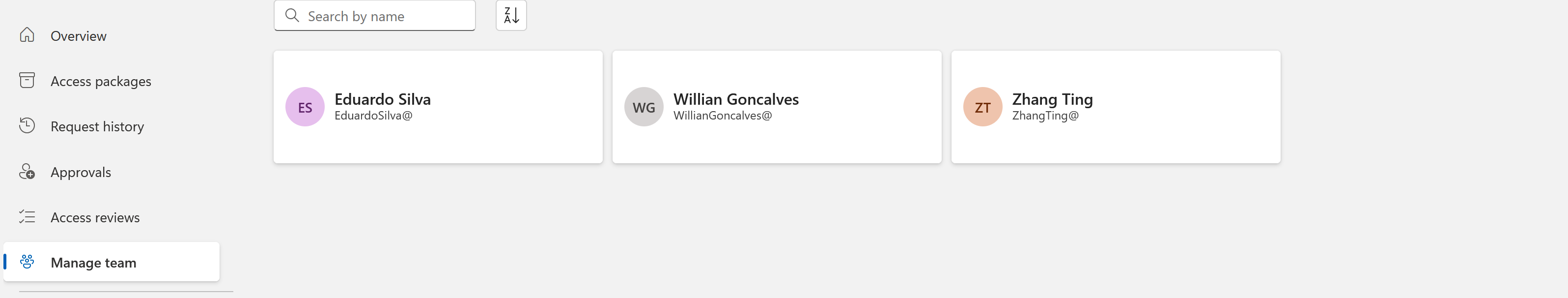 Screenshot of the list of team members on the manage team page.