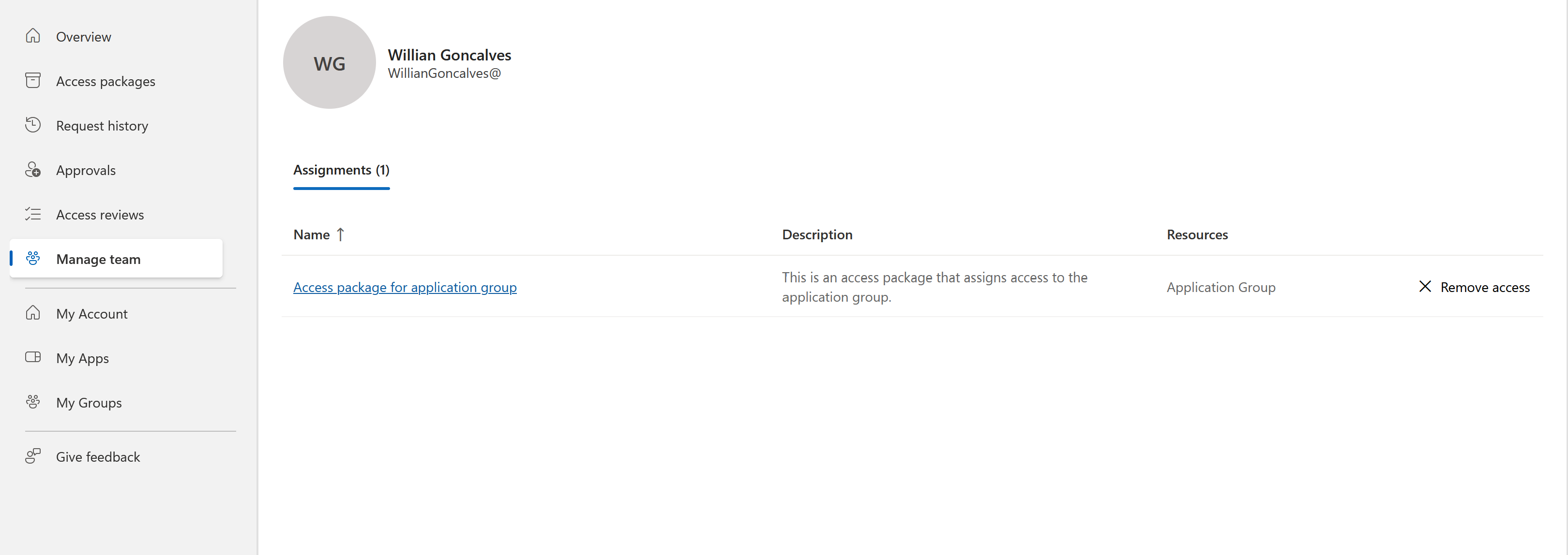 Screenshot of managing team in the my access portal.