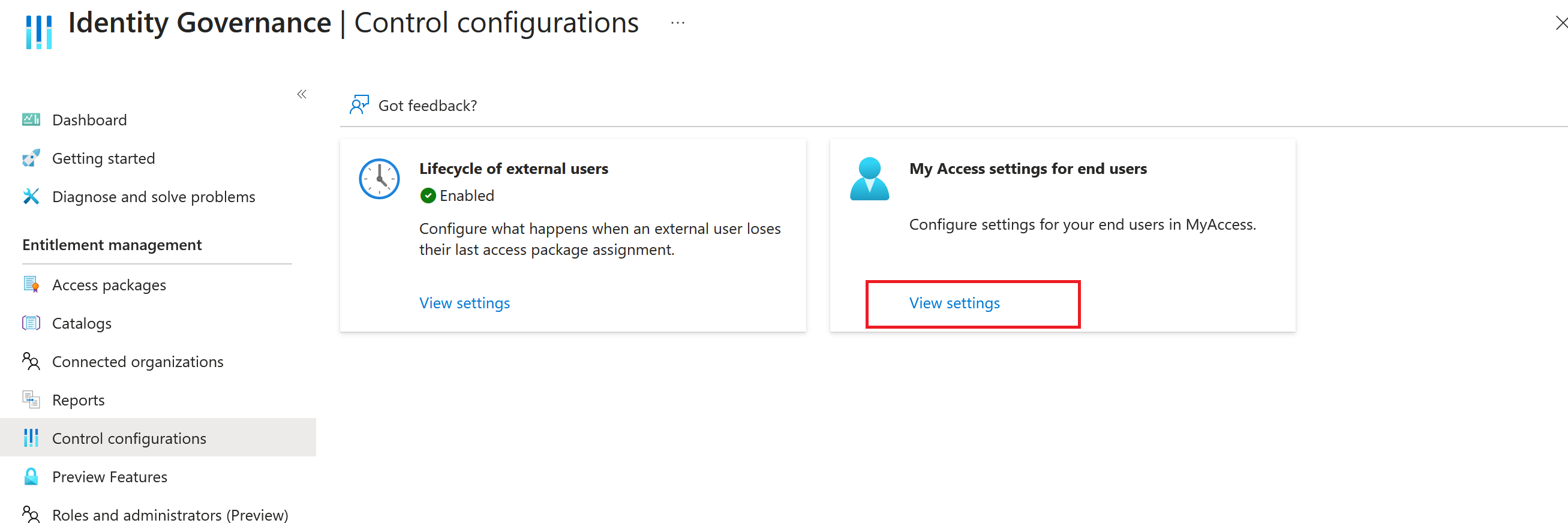 Screenshot of the my access settings for end user card.