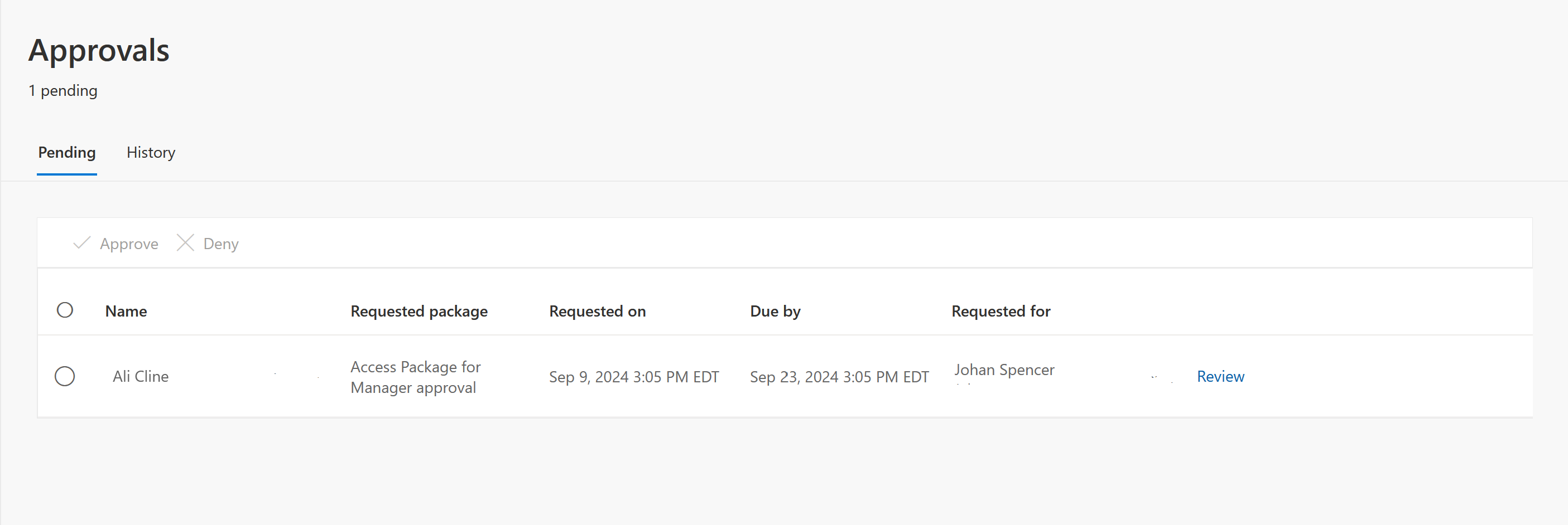 Screenshot of the pending approval requests in my access.