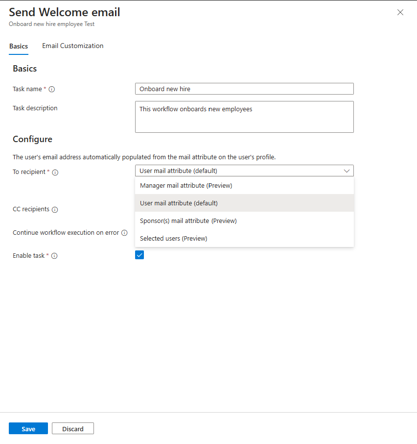 Screenshot of basics email task customization.
