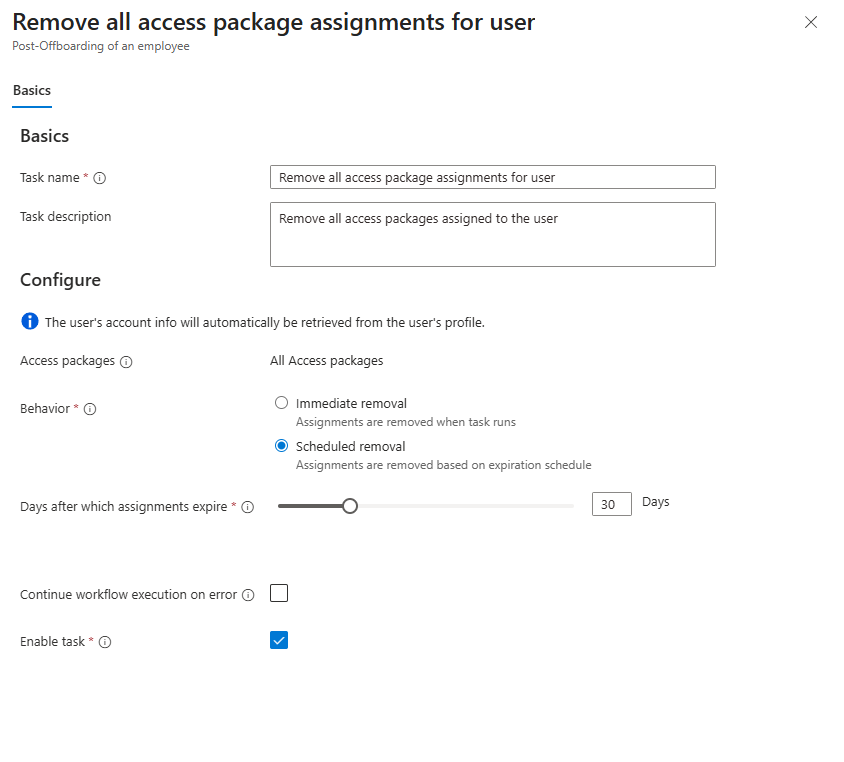 Screenshot of the remove all user access package assignment task.