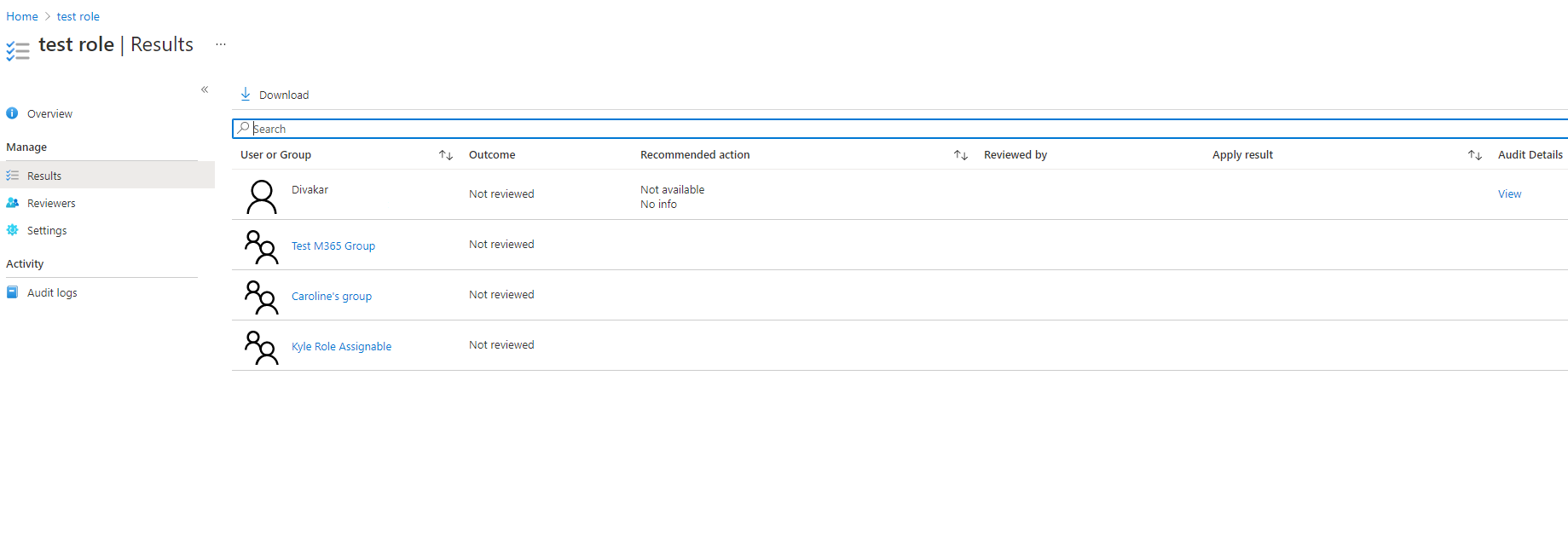 Results page listing users, outcome, reason, reviewed by, applied by, and apply result for Microsoft Entra roles screenshot.