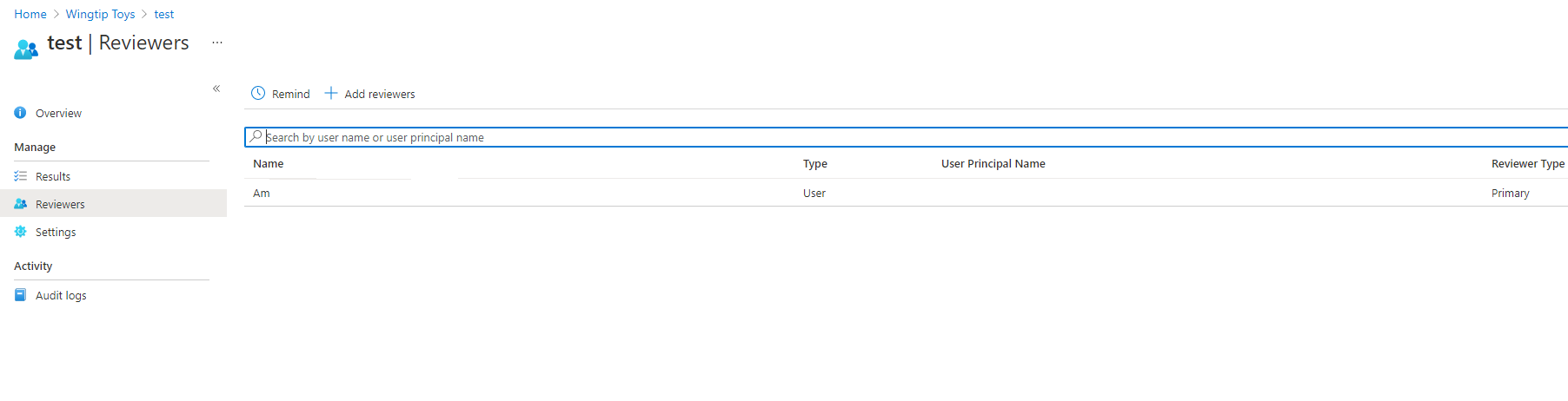 Reviewers page listing name and user principal name for Azure resource roles screenshot.