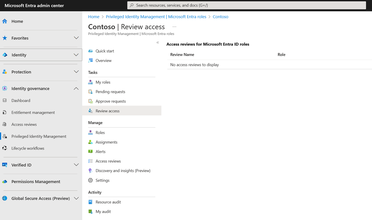 Access reviews list showing role, owner, start date, end date, and status screenshot.