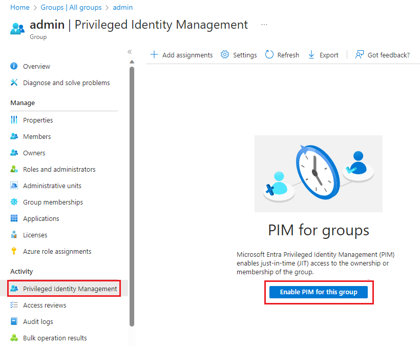 Screenshot of the Groups pane, so you can select a group to bring under management with PIM.