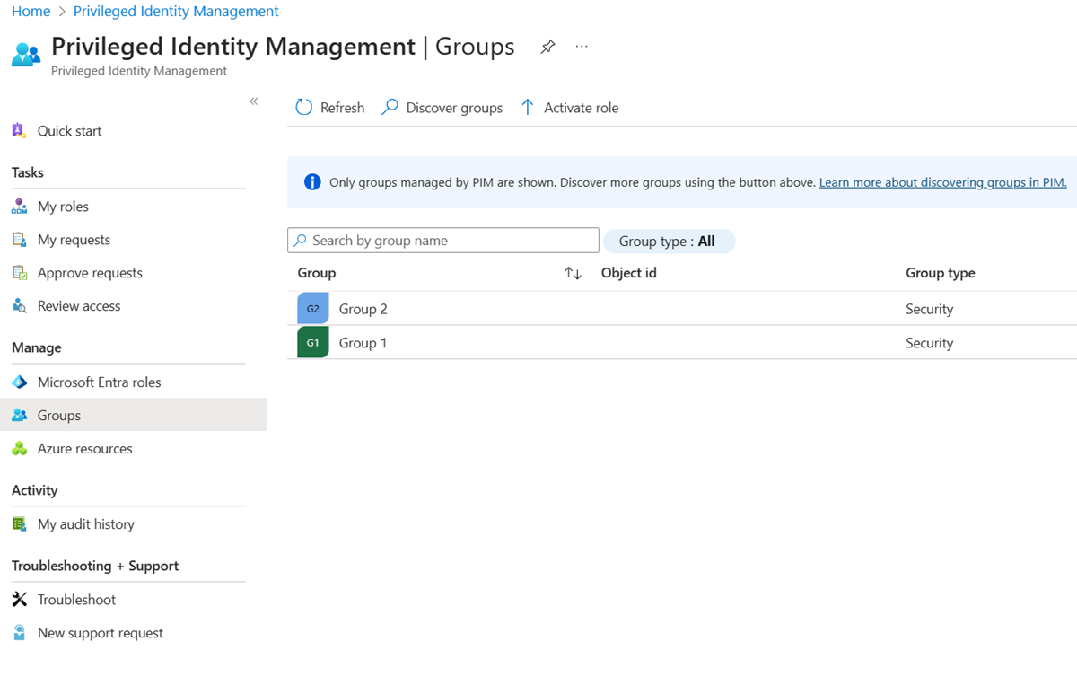 Screenshot of where to view groups that are already enabled for PIM for Groups.