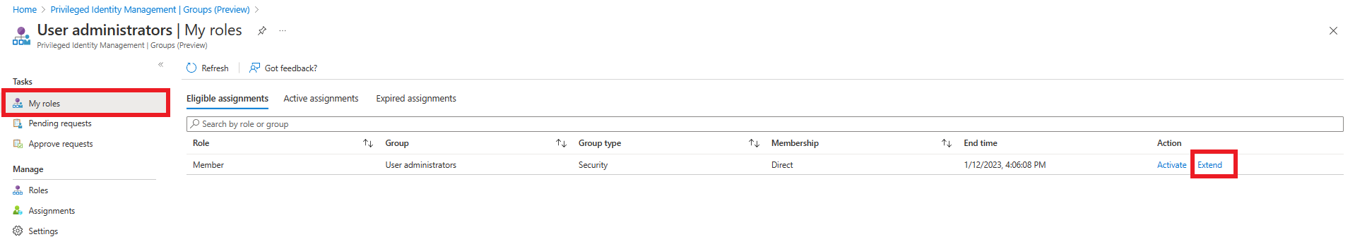 Screenshot of where to self-extend expiring assignments.
