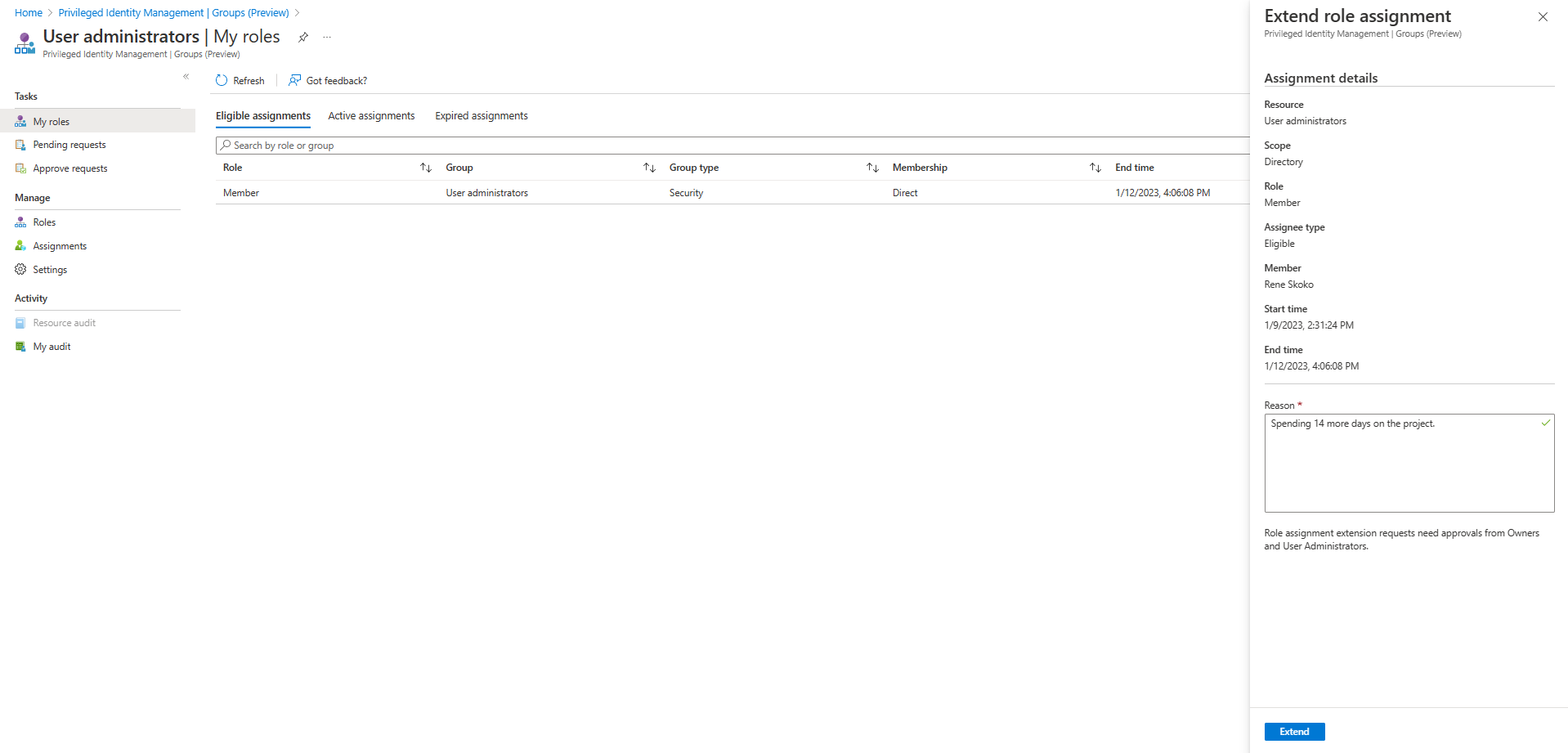Screenshot of where to extend group assignment pane with a Reason box and details.