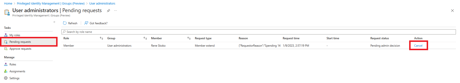 Screenshot of the pending requests page showing the link to Cancel.