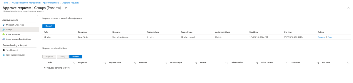 Screenshot of the **Approve requests** page listing requests and links to approve or deny.