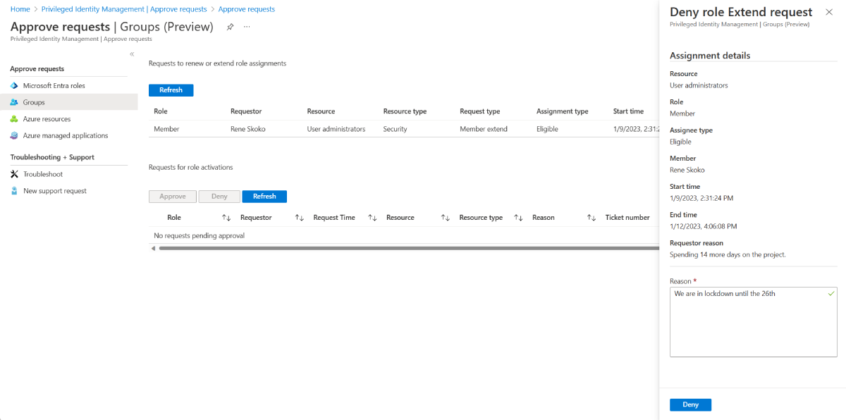 Screenshot of where to approve group assignment request with requestor reason, assignment type, start time, end time, and reason.