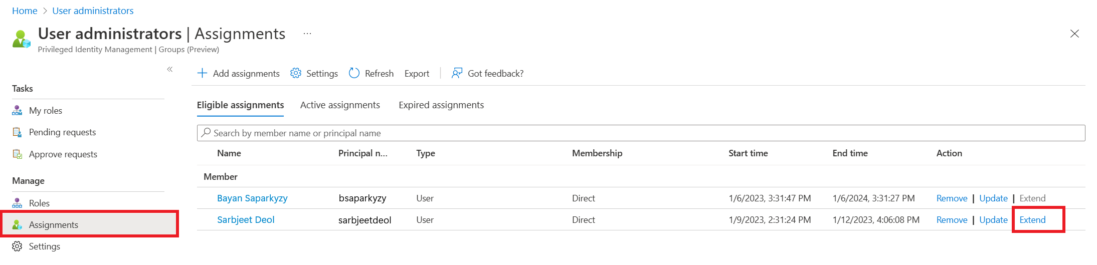 Screenshot of the assignments page listing eligible group assignments with links to extend.