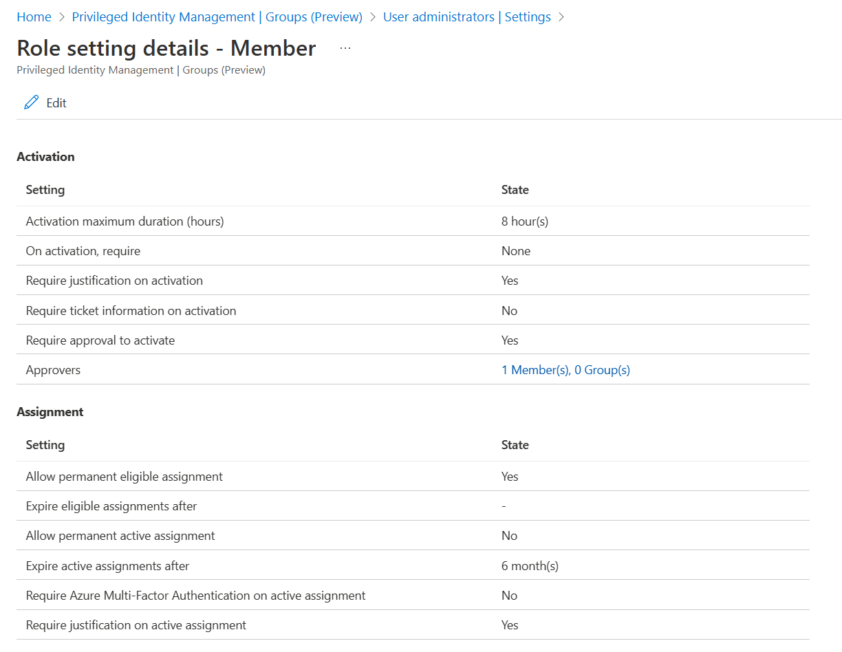 Screenshot that shows where to select Edit to update role settings.
