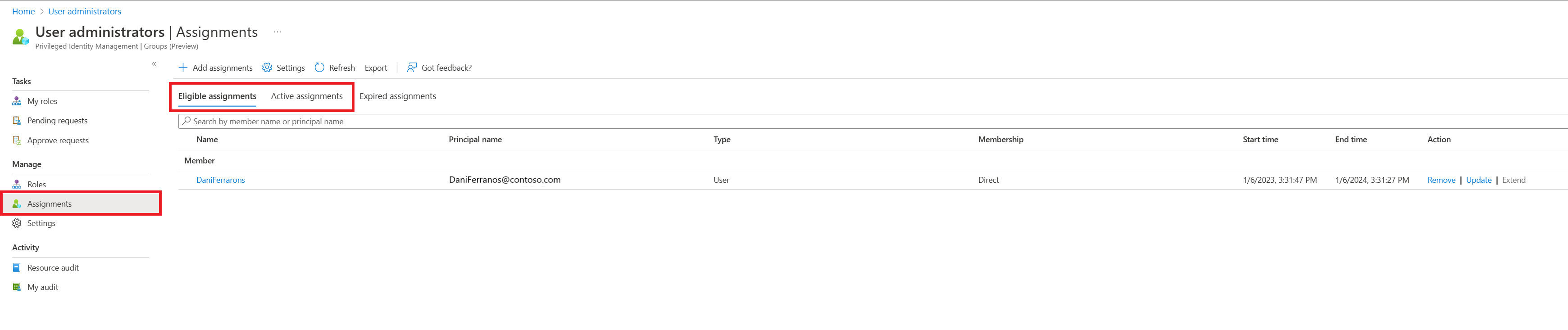 Screenshot of where to review existing membership or ownership assignments for selected group.