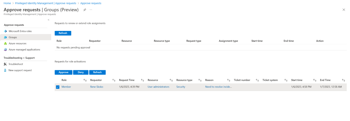 Screenshot that shows requests for role activations.